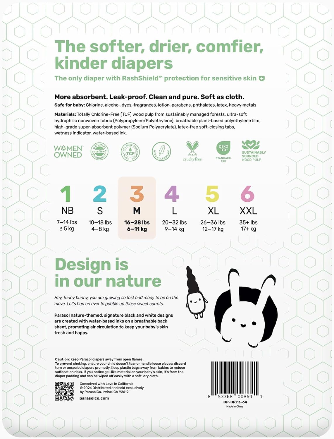 Parasol Clear+Dry Disposable Diapers, RashShield Protection and Leak-Control Fit, Hypoallergenic Diapers, Size 3 (16-28 lbs), 256 Count