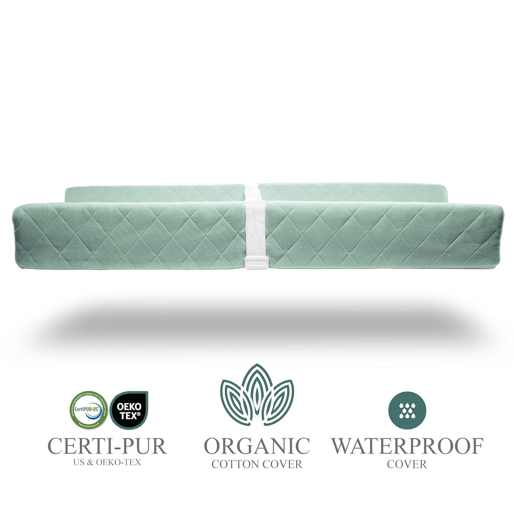 Organic Cotton Contoured Baby Changing Pad w/Waterproof Foam Mattress, Includes Soft, Removable & Washable Cover, Safety Strap, Non-Slip Bottom, Topper for Standard Size Infant Diaper Table & Dresser