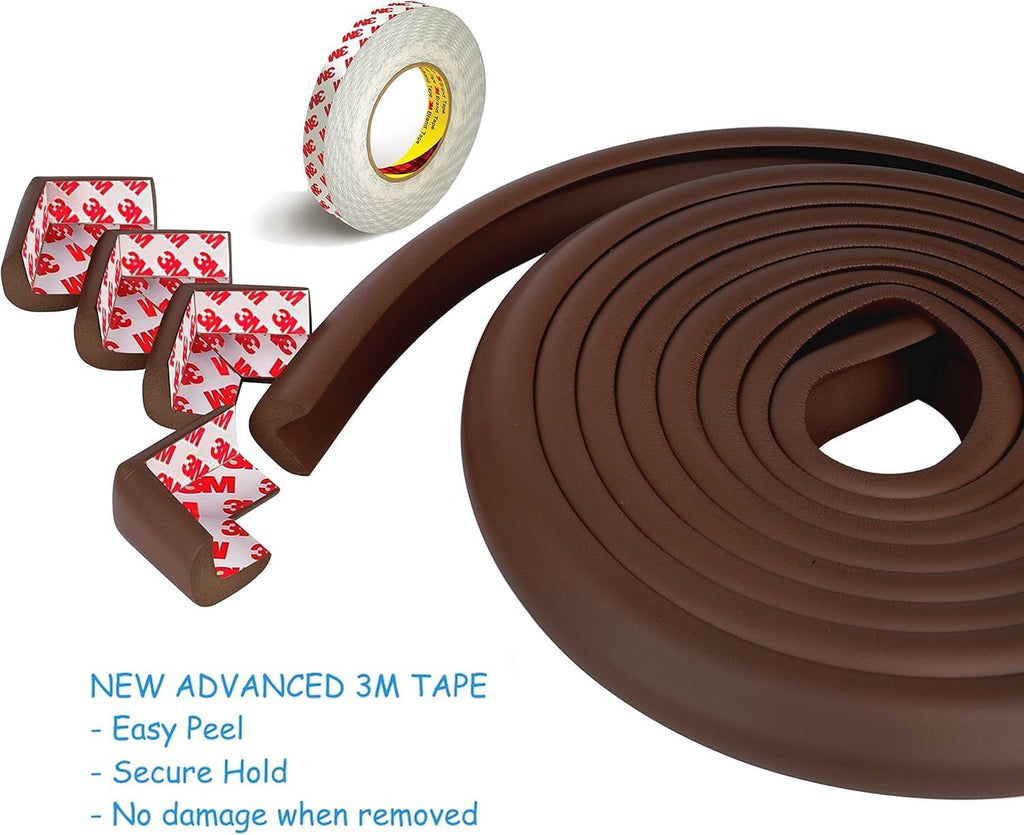 Furniture Edge 16.2ft & Corner Guards | Protective Foam Cushion | 15ft Bumper 4 Adhesive Childsafe Corners | Baby Child Proofing Foam Set and Safe for Table, Fireplace, Countertop | Brown