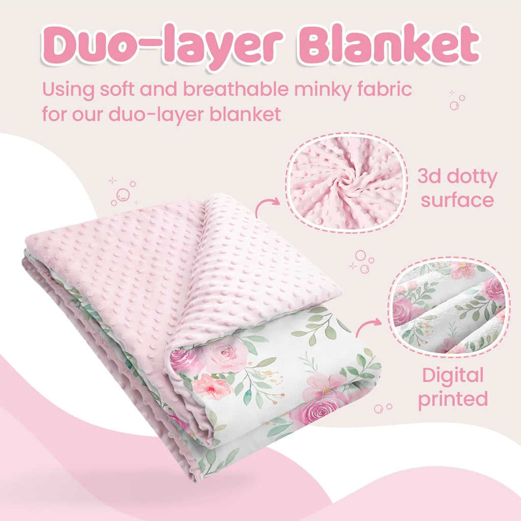 Floral Minky Baby Blanket 30 x 40 Inches for Girls, Soft Plush Receiving Blanket with Dotted Back, Gift for Newborn Infant Toddlers, Baby Shower, Christmas Birthday