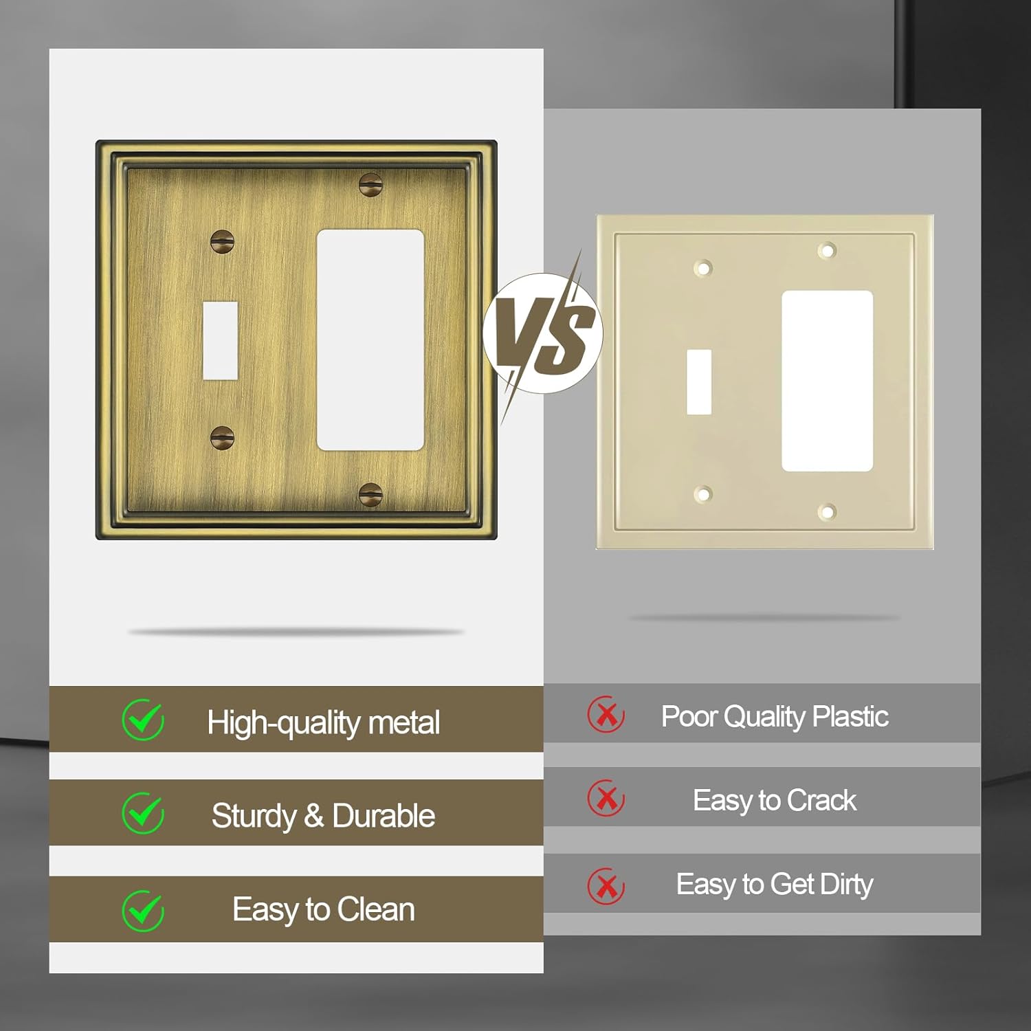 Combination Metal Light Switch Covers Wall Plate, 1 Toggle/1 Decorator Switch Plate Outlet Covers Antique Brass Decorative 2 Gang Wall Plate - Classic Style, 3 Pack