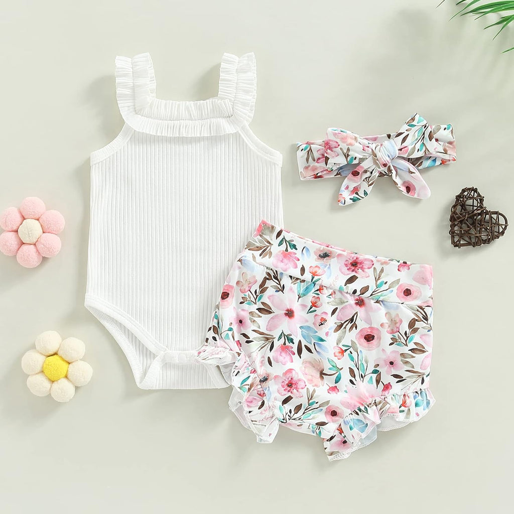fhutpw Baby Girl Clothes Summer Cute Outfits 3 6 12 18 Months Spaghetti Strap Romper & Floarl Shorts Sets