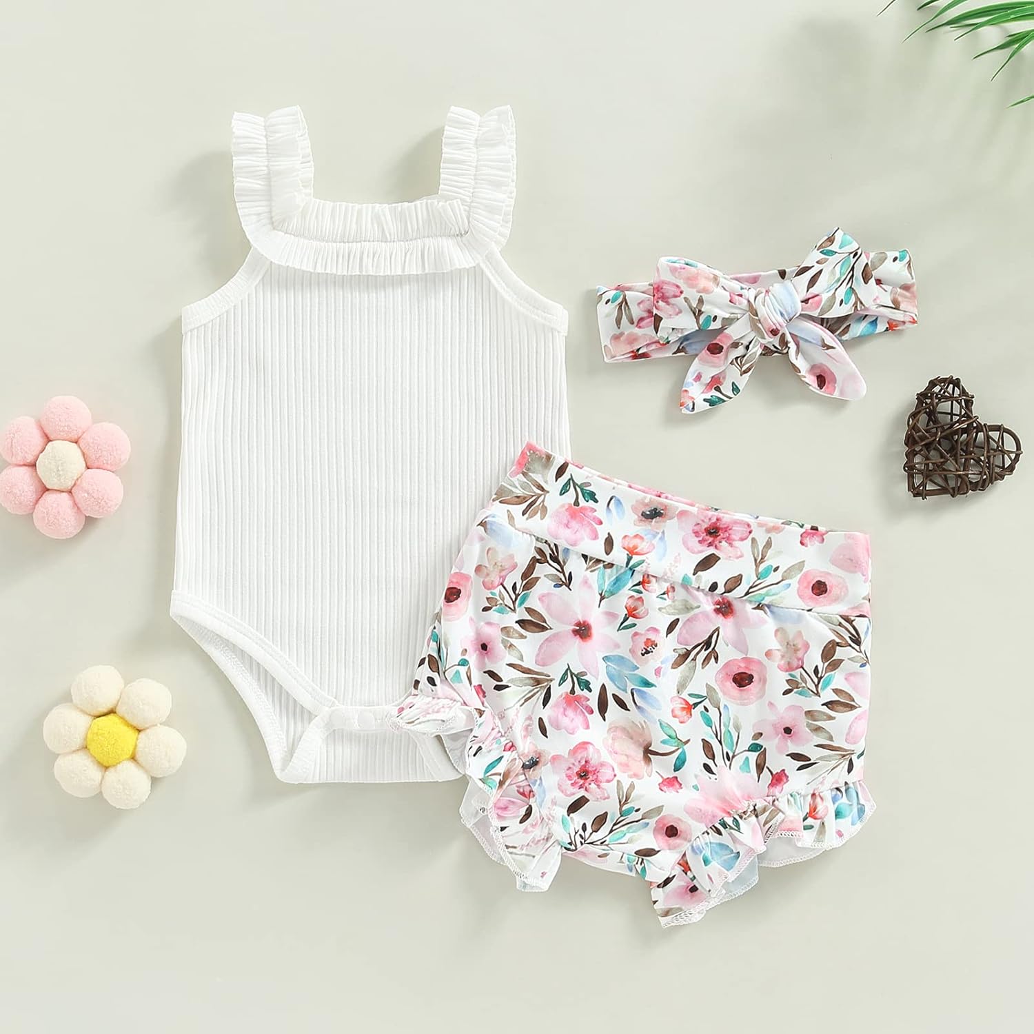 fhutpw Baby Girl Clothes Summer Cute Outfits 3 6 12 18 Months Spaghetti Strap Romper & Floarl Shorts Sets