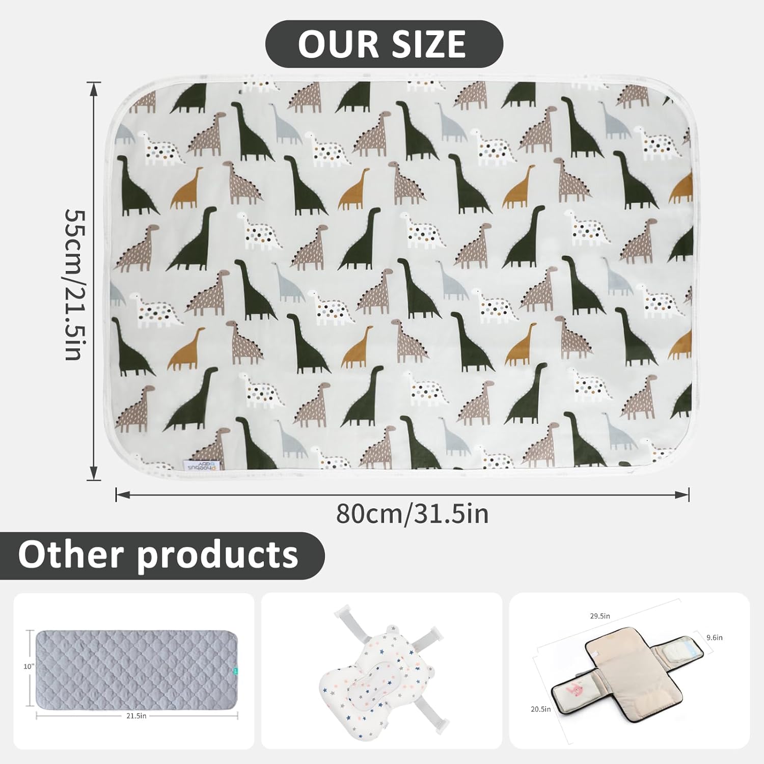 Baby Diaper Changing Pad, 21 5/8" x 31.5" Waterproof Changing Pad Liners - Reusable Soft and Absorbent Portable Changing Mat(Cute Dinosaur1PCS)