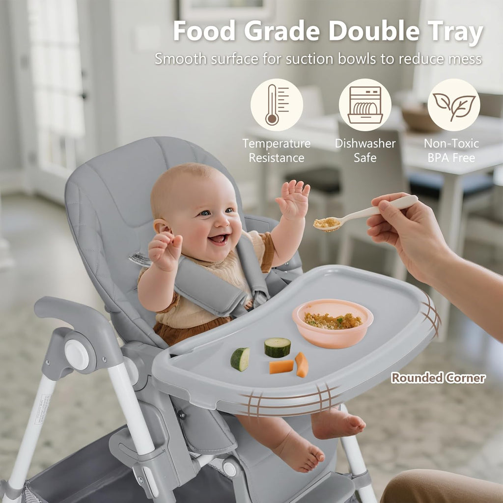 Kinder King Convertible Baby High Chair, Adjustable Feeding Chair for Babies and Toddlers with Removable Double Tray, Simple Compact Fold for Space-Saving, 2 Built-in Wheels, Easy to Clean, Gray