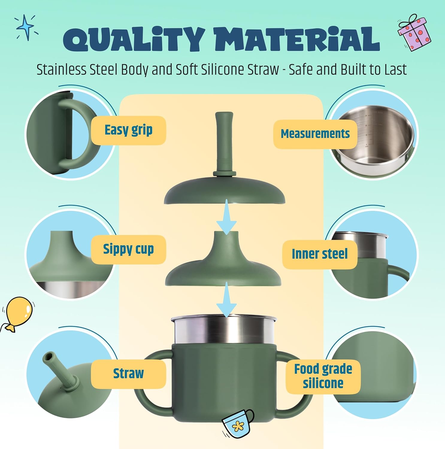 Jumble Dream Baby Sippy Cup, 100% Silicon Training Stainless Steel Kids Cups with Silicon Straw, Toddler Tumbler with Straw Spill Proof | 6 Month Plus Toddler Sippy Cup | BPA Free