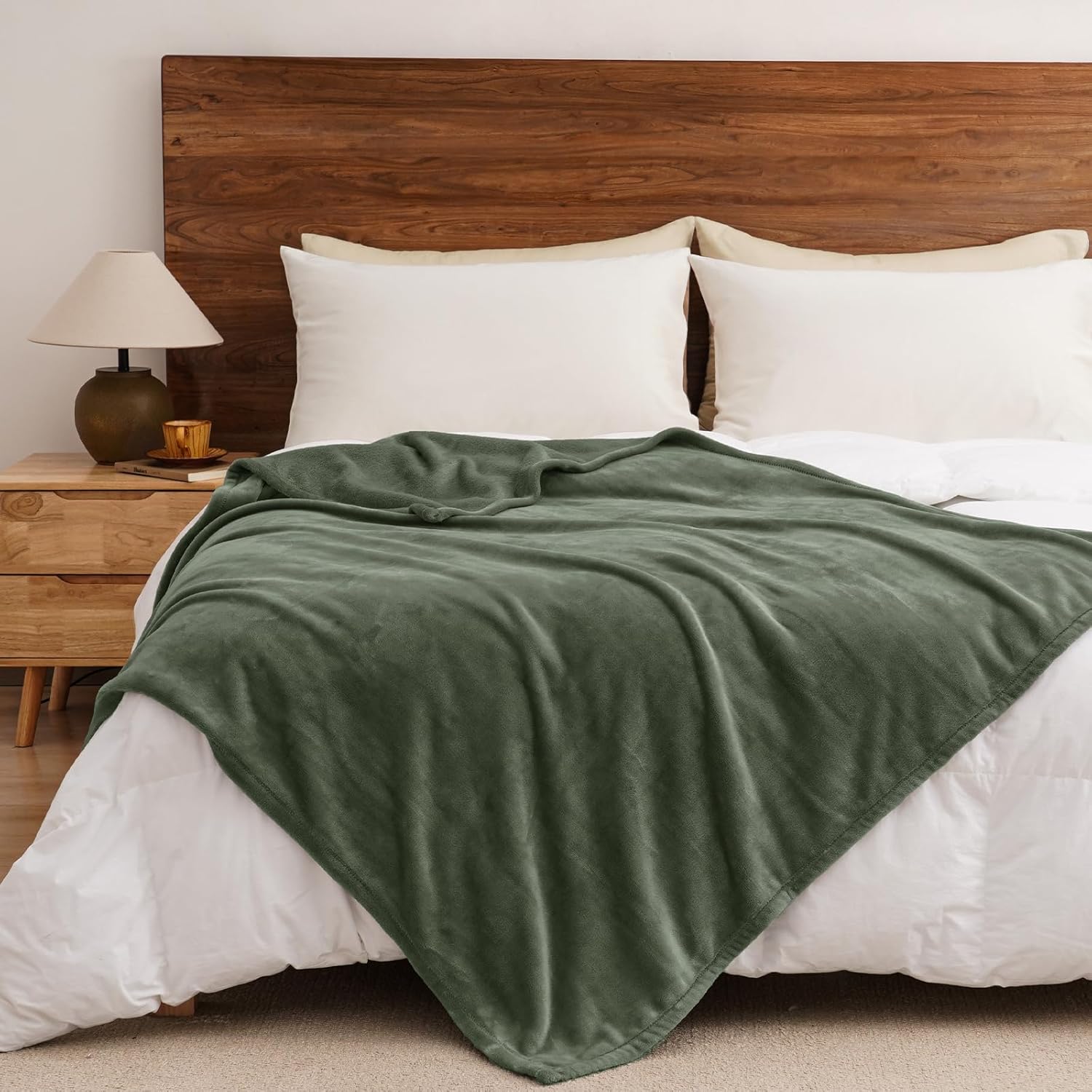 PHF Ultra Soft Fleece Throw Blanket, No Shed No Pilling Luxury Plush Cozy 300GSM Lightweight Blanket for Bed, Couch, Chair, Sofa Suitable for All Season, 50" x 60", Olive Green