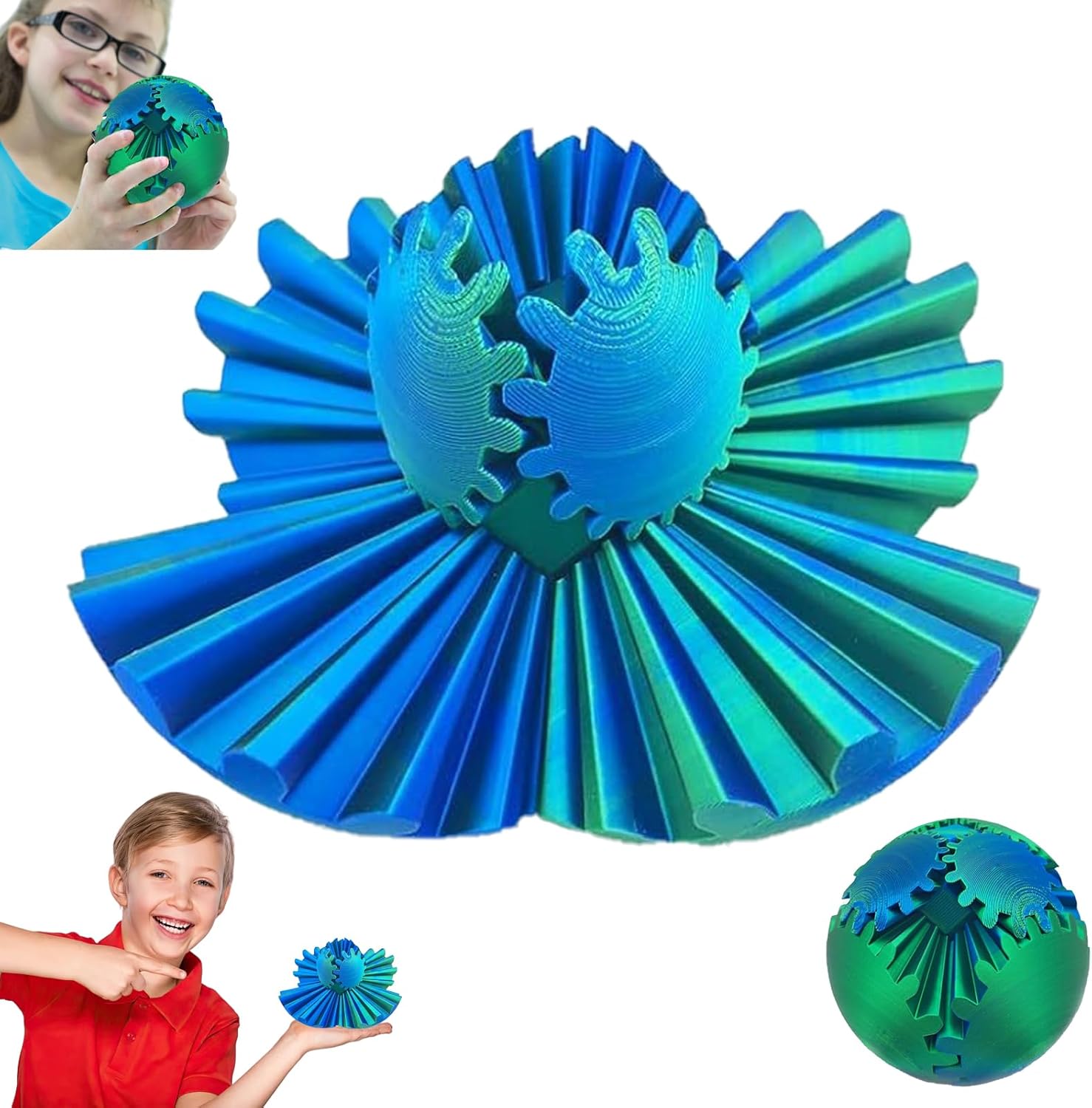 Gear Ball 3D Printed Gear Ball Rotating Ball Cube Gadgets, Gear Balls for Work or Travel Stress Toys Gear Toys, Stress and Anxiety Relief Gear Toys Perfect Desk Toys! (Blue Green, 8CM/3.15in)