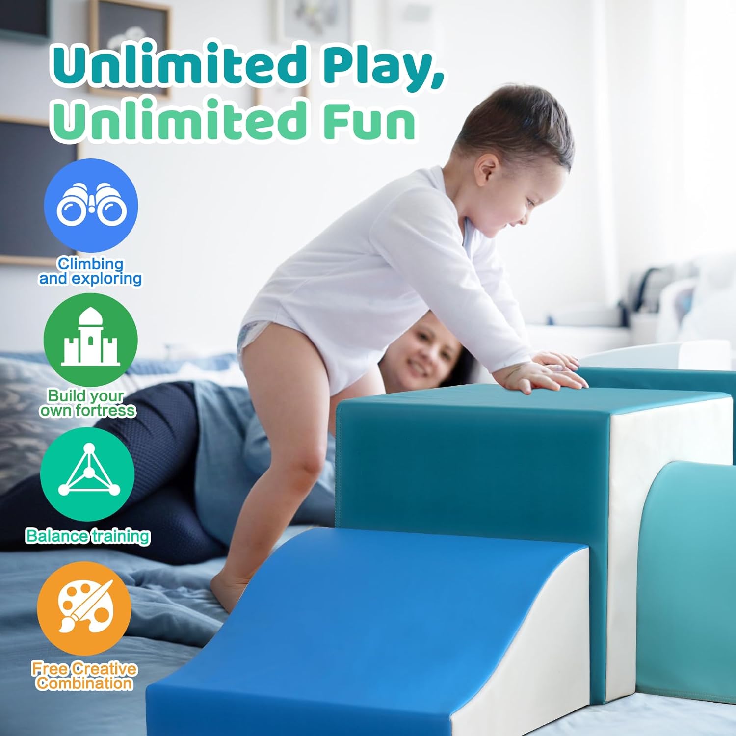 Sumbababy Foam Climbing Blocks for Toddlers: with a Tunnel - 4 PCS Foam Blocks - Kids Indoor Climbers Play Structures Play Gym Soft Climber with Slide and Stair Soft Playground Green