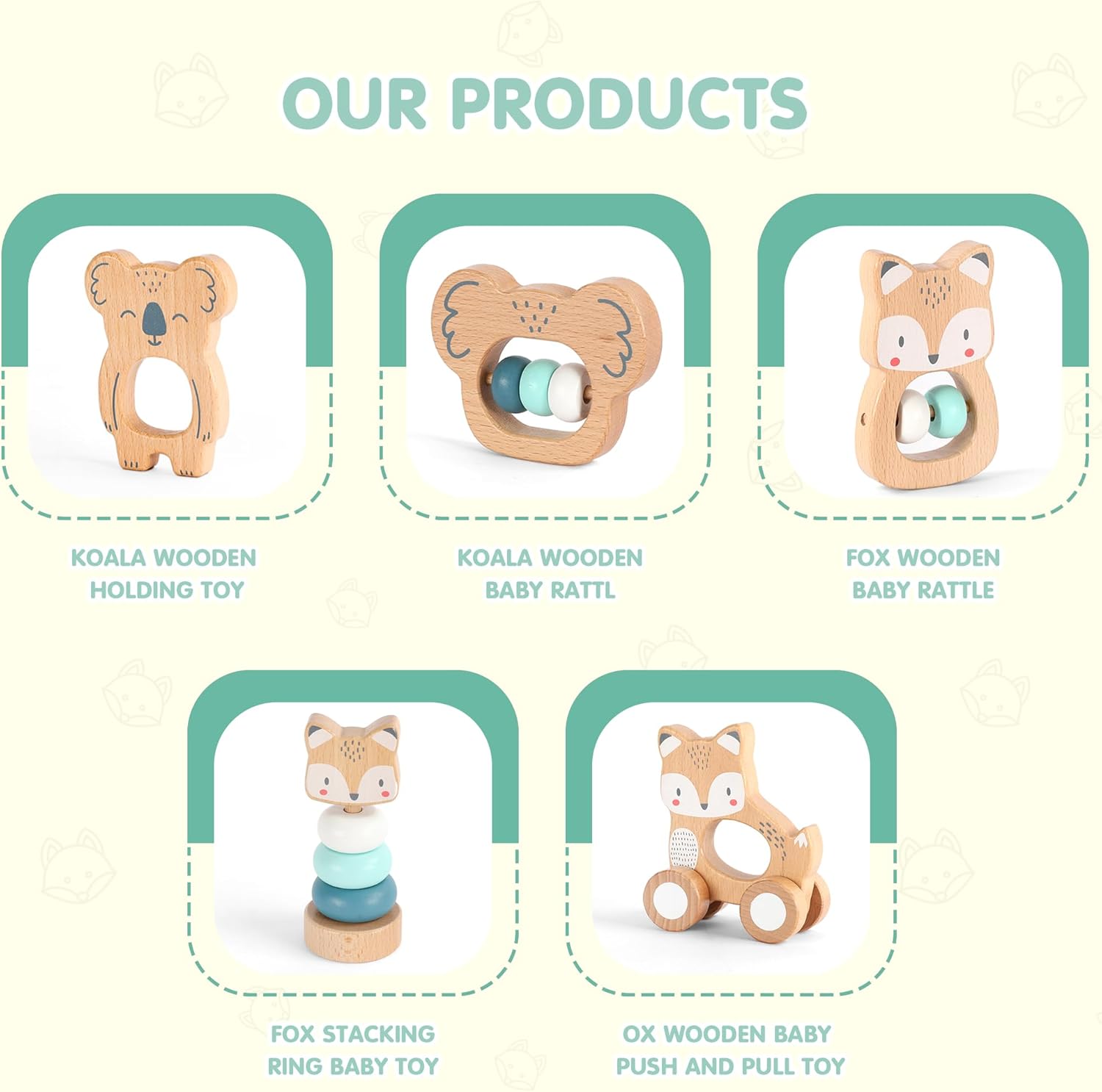 Freniland Wooden Montessori Toys, 5-Piece Wooden Baby Toy, Koala Baby Rattle, Fox Stacking Ring, Little Fox Push and Pull Toys,Koala Holding Toy,Newborn Baby Gift Sets for Boys and Girls