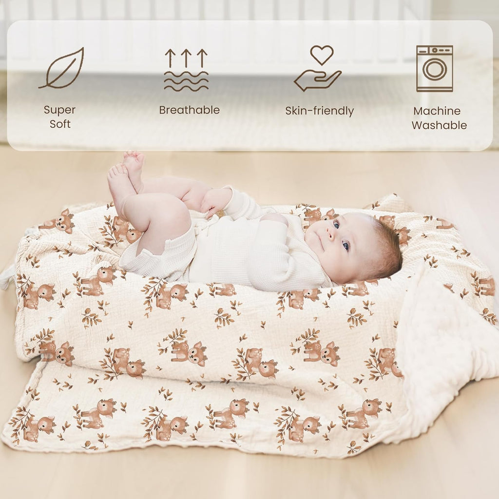 Konssy Baby Blankets for Unisex Boys Girls, Super Soft Nursery Minky Blankets with Muslin Cotton Front and Dotted Fleece Backing, Printed Bed Throws Newborn