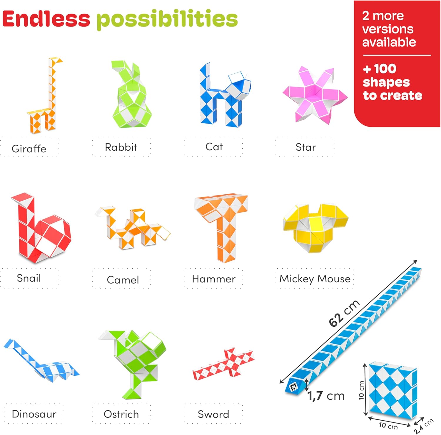 CUBIDI® Magic Snake Cube | Fidget Snake Toy for Kids | Travel Toys for Kids Ages 4-8 | Great Gift for Boys and Girls Birthday, Christmas, Stocking Stuffers - 36 Blocks | 0.9 inch x 0.7 inch | Blue