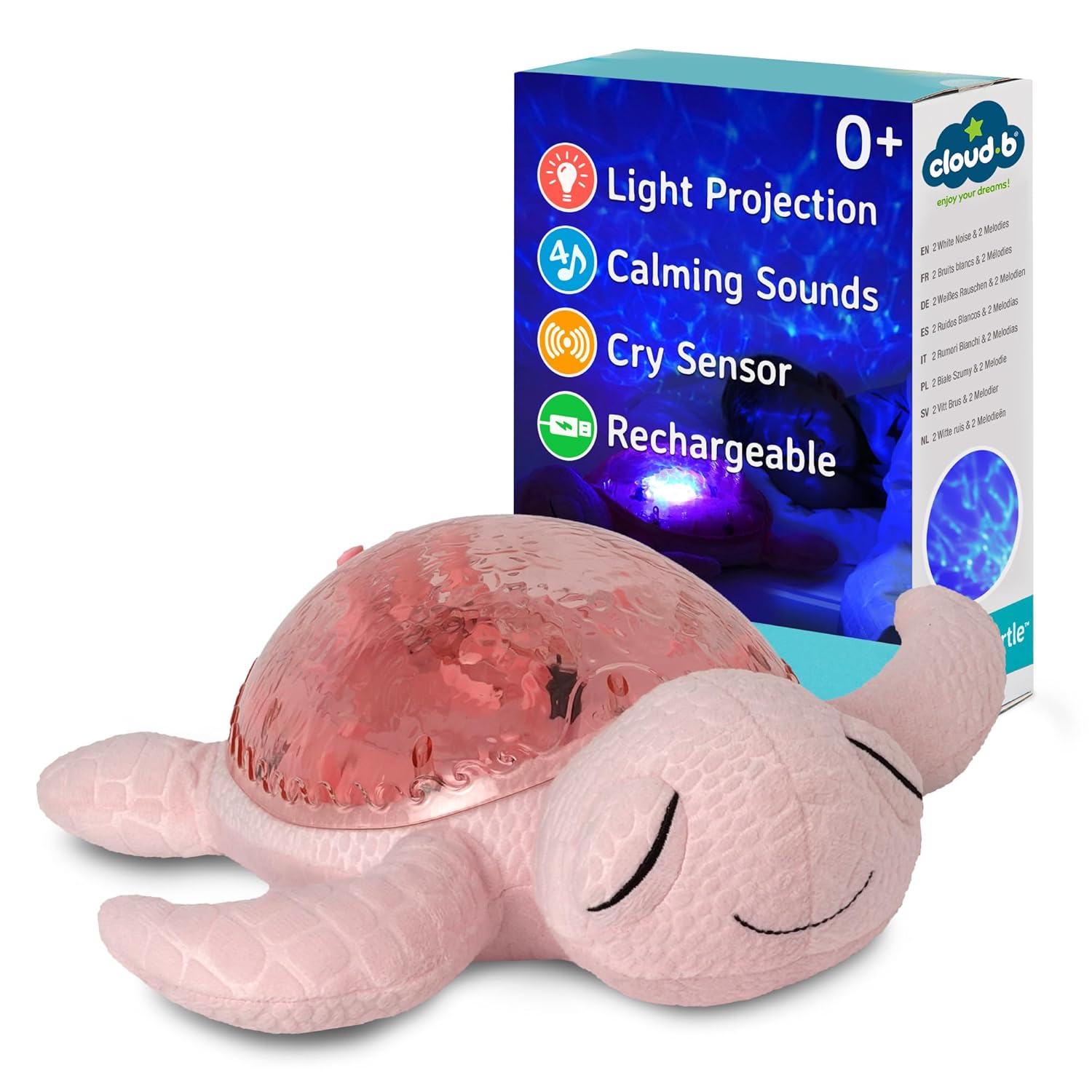 ﻿Cloud b Ocean Projector Nightlight with 2 White Noises & 2 Soothing Sounds | Adjustable Settings | Cry Sensor | Tranquil Turtle - Pink (Rechargeable)