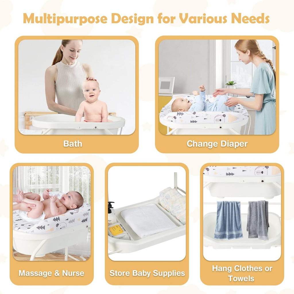 HONEY JOY Baby Changing Table with Bathtub, Foldable Infant Diaper Changing Station with Wheels, Storage Tray, Waterproof Pad, Portable Newborn Nursery Organizer Bath Stand for Boys Girls (White)