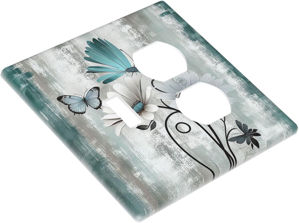 Wallplates Rustic Teal Daisy Floral Flowers Butterfly Wood Grain 1 Toggle 1 Duplex Switch Plate Electrical GFCI Faceplate Decorative Light Switch Covers for Bathroom Bedroom Decor