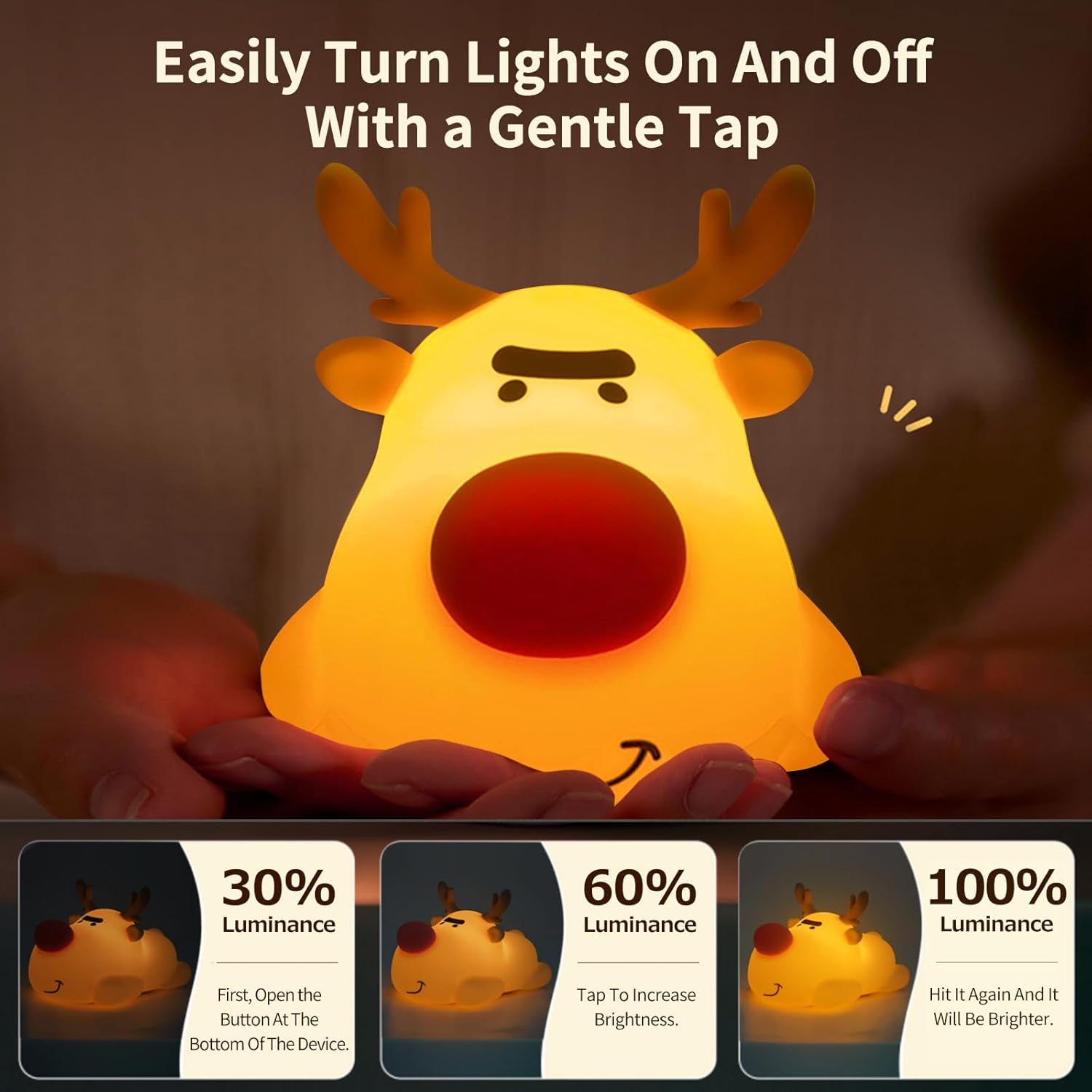 Baby Night Light, 3-Level Dimmable Rechargeable Nursery Nightlight, Timed Reindeer Bedside Touch Light Baby Room Decor, Suitable for Infants and Children During Lactation