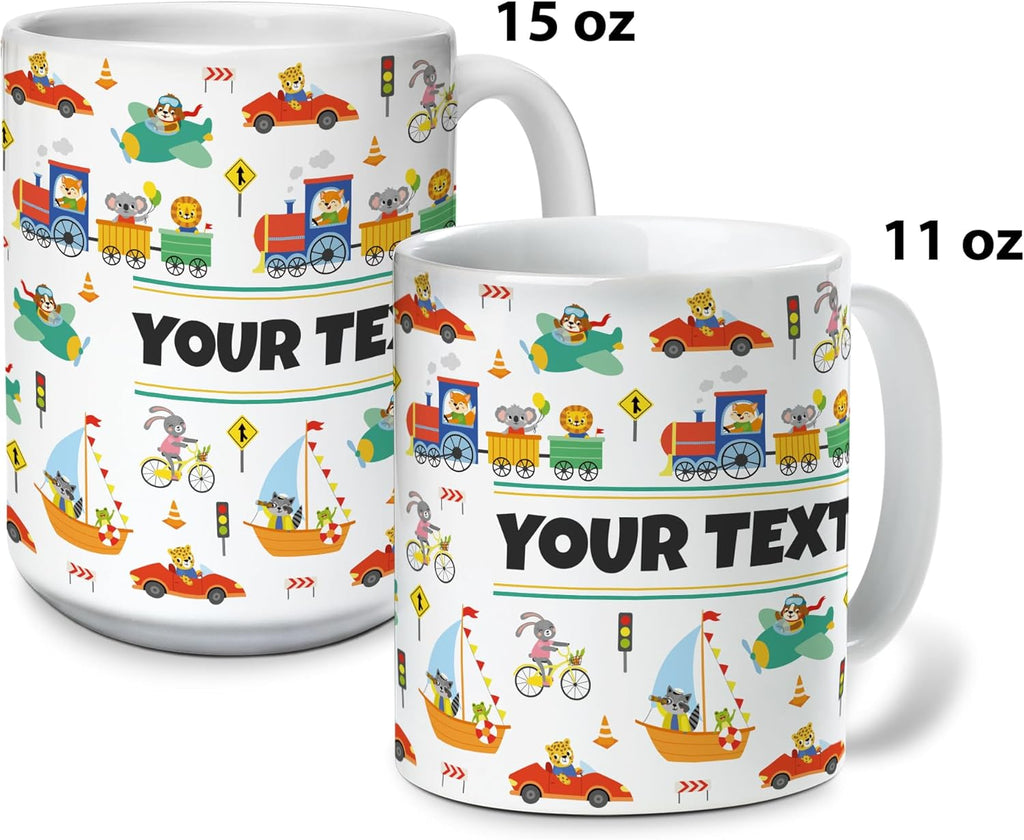 Personalized Mug for Kids - Vehicles - Custom Name/Text, Ceramic Hot Chocolate/Cocoa/Coffee Cup for Boys, Birthday/Christmas/Holiday Gift - 15 oz, Light Blue Handle