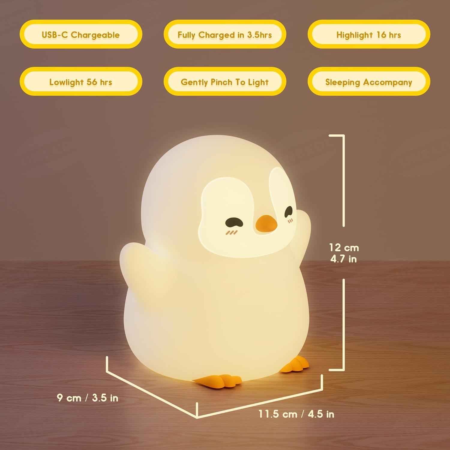 UNEEDE Standing Penguin Night Light with Detachable Bunny Hat - Rechargeable Silicone Touch Lamp, 2-Level Dimmable, 20-Min Timer, Nursery Decor for Kids & Holiday Gifts