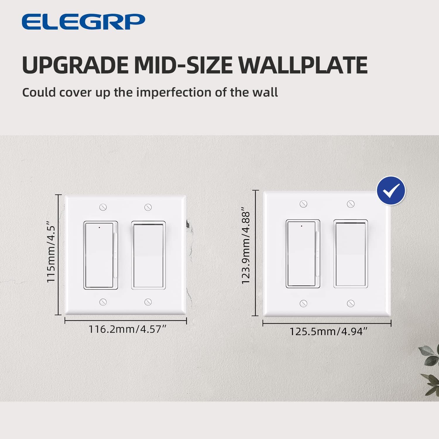 ELEGRP 2-Gang Decorative Wall Plates, Mid-Size 4.88" H x 4.94" L Unbreakable Thermoplastic Faceplate Cover for Decorator Receptacle Outlet Switch, UL Listed (5 Pack, Glossy White)