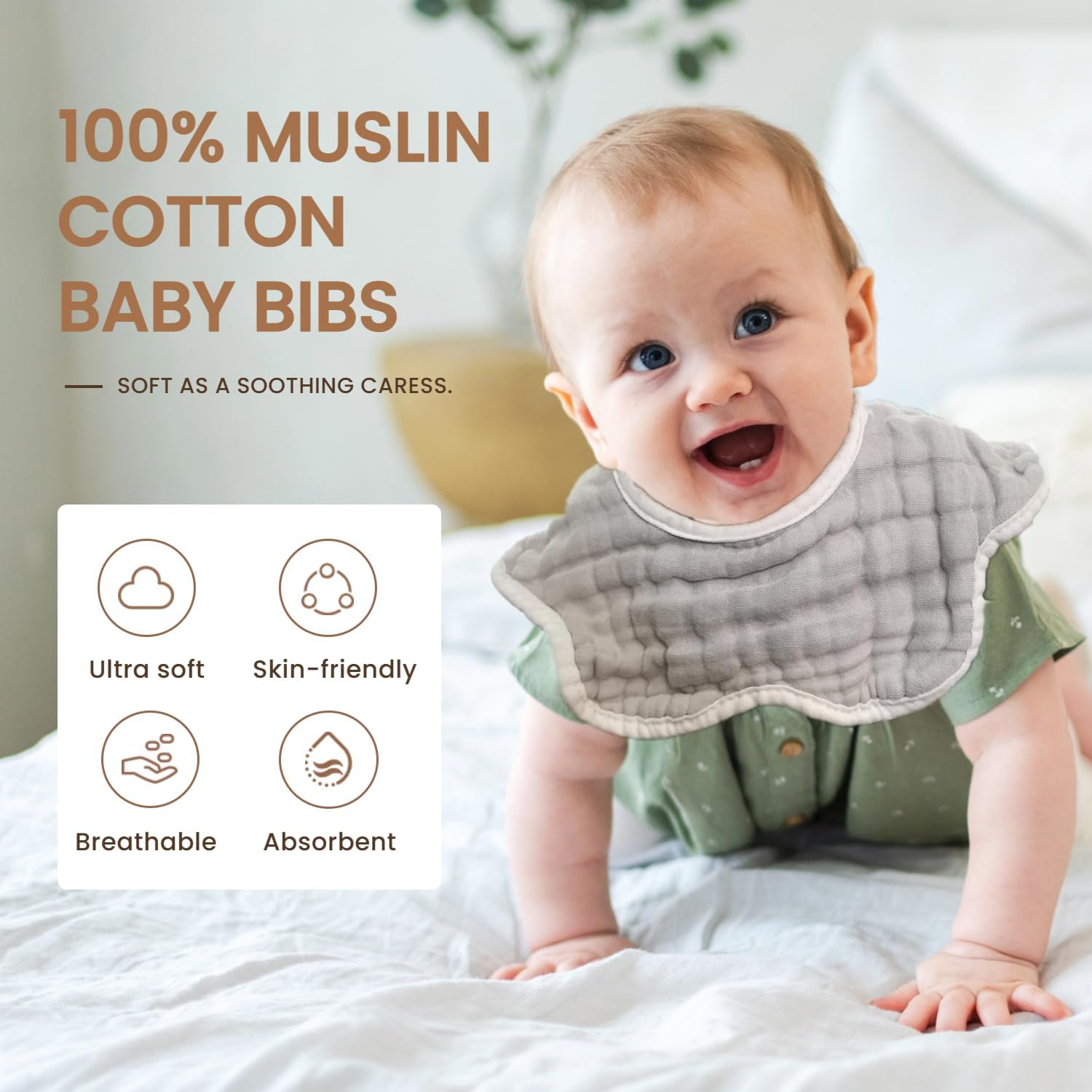 MUKIN Baby Drooling Towel, Snap Bibs, Muslin Bibs, 6 Pack, Adjustable, Soft Cotton