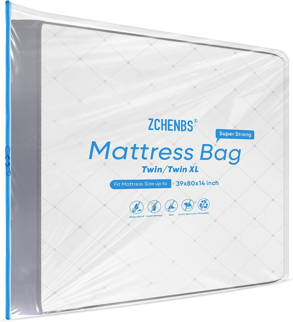 ZCHENBS® – Mattress Bags for Moving and Storage,Mattress Bag with Zippers,5 Mil Ultra-Thick Bed Bag,Waterproof,Anti-Tear,Heavy-Duty Mattress bag (Transaparent/Blue, Twin/Twin XL-(1 Pack))