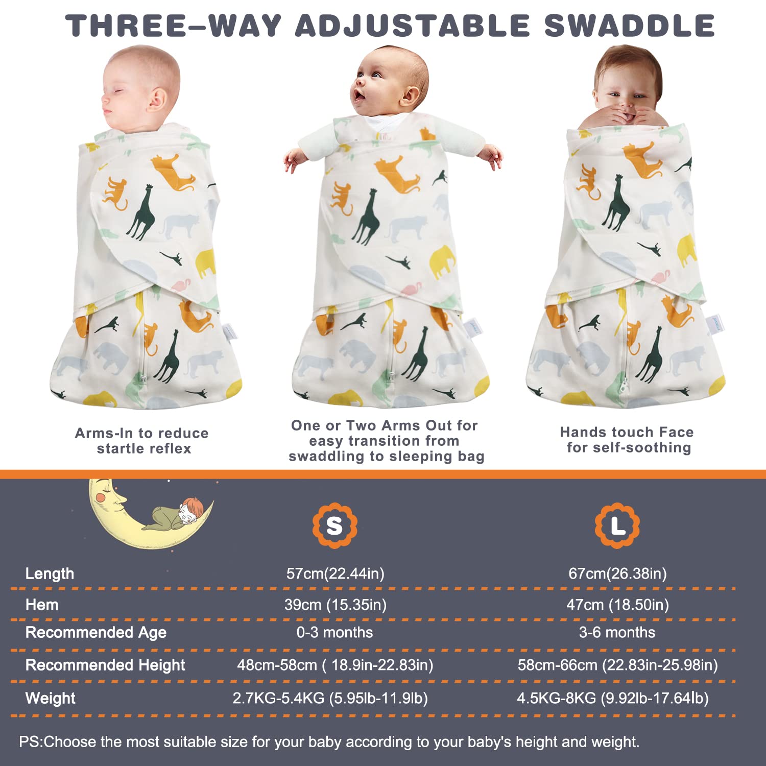 Swaddle-Blanket Baby Girl & Boy Swaddles Newborn Infant Transition 100% Cotton Wrap Blankets, 3-Way Adjustable Wearable Blanket, TOG 1.0 (Colorful Zoo,Small,0-3 Month)
