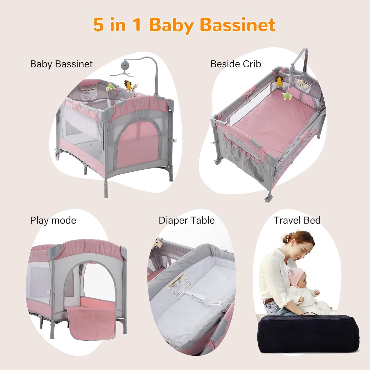 5 in 1 Baby Crib,Bedside Sleeper,Bassinet,Pack and Play with Bassinet and Changing Table,Portable Travel Playpen Music Box,Portable Travel Crib for Infant Newborn (Pink Gray)