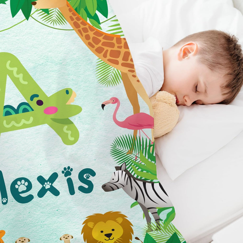Personalized Cute Animal Baby Blanket, Custom Initial Jungle Swaddle Blanket with Name Customized Super Soft Nursery Fleece Throw Blankets for Newborns Baby Shower Girls Kids Birthday