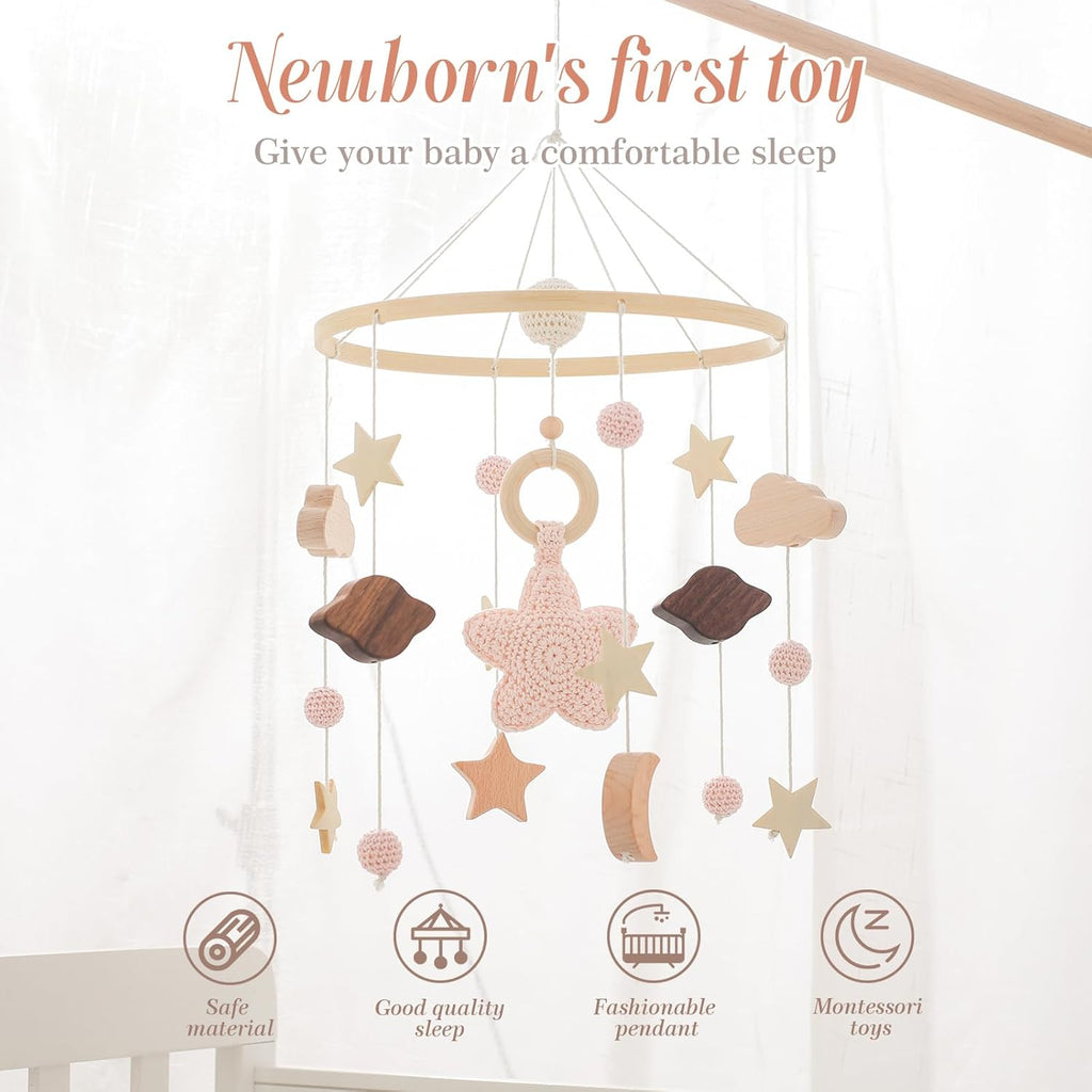 Baby Crib Mobile for Boys Girls| Boho Nursery Mobile| Gender Neutral Hand-Crocheted Mobile| Ceiling Mobile - Stars, Clouds, Moon (Pink)