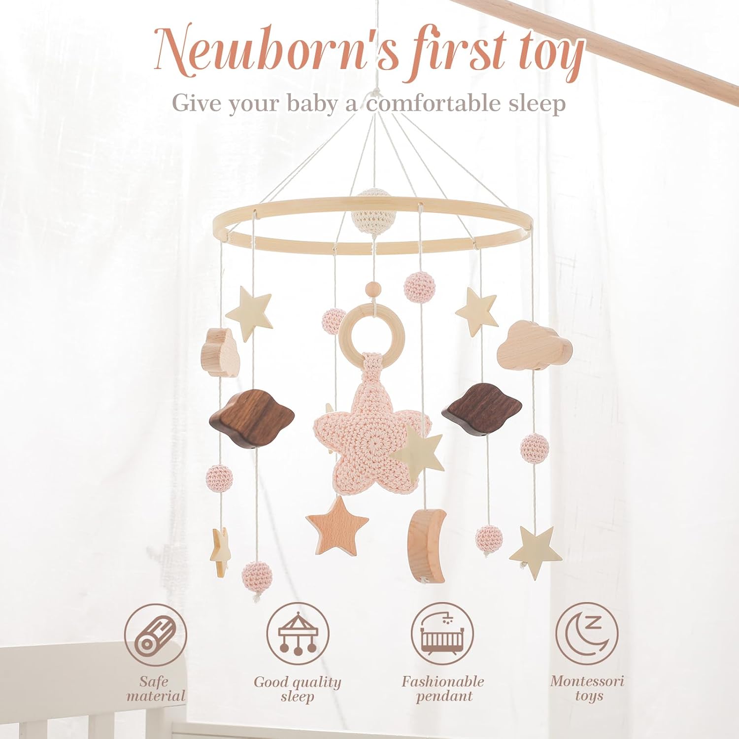 Baby Crib Mobile for Boys Girls| Boho Nursery Mobile| Gender Neutral Hand-Crocheted Mobile| Ceiling Mobile - Stars, Clouds, Moon (Pink)