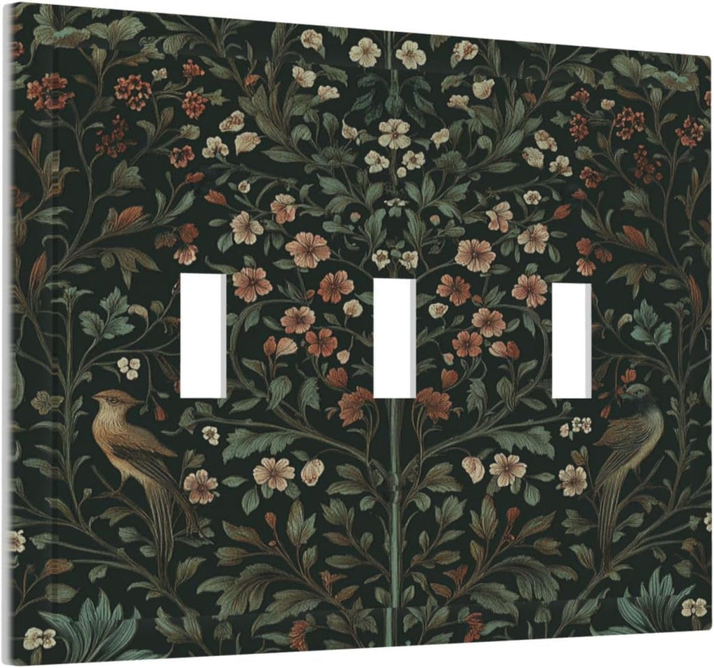 Decorative Switch Plates Vintage Morris Colorful Flower Green Leaf 3 Gang Wall Plate Triple Toggle Light Switch Cover Faceplate Electrical Wall Panels For Bed Room Living Room Decor