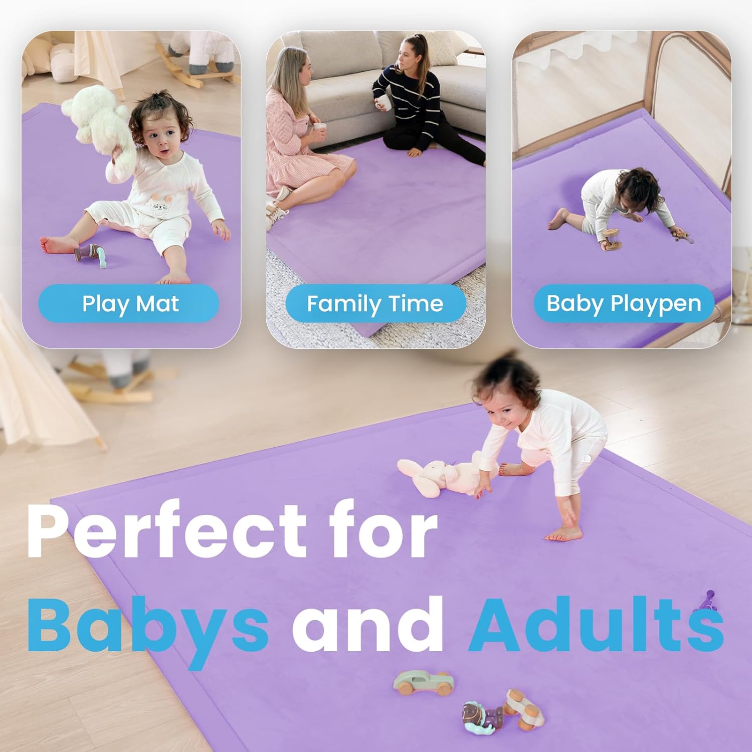 Ultra Soft Baby Play Mat,1.3" Thick Elasti-Foam Tummy Time Mat for Infants,Toddlers,Kids,Water-Repellent Coral Fleece Nursery Rug,Non-Slip Safe for Crawling&Hardwood Floors(Lavender)