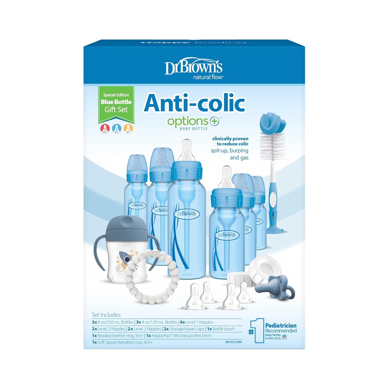 Dr. Brown's Natural Flow Anti-Colic Options+ Special Edition Blue Baby Bottle Gift Set with Soft Sippy Spout Transition Cup, Flexees Teether, Bottle Cleaning Brush and Travel Caps