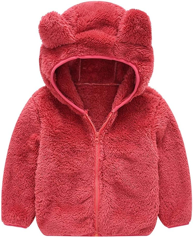 AIWUHE Toddler Boys Girls Hooded Jacket Fleece Hoodie Winter Warm Solid Color Teddy Coat Zip-up Bear Ear Sweater Fall Clothes