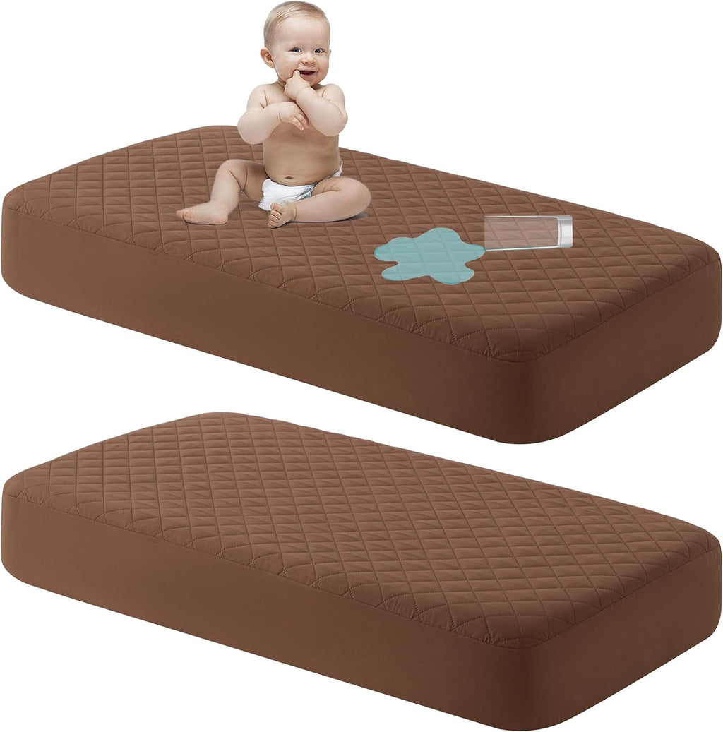NTBAY 2 Pack Waterproof Mini Crib Mattress Protector, Quilted 24"x38" Fitted Mattress Cover - Machine Washable - Soft and Breathable Baby Mattress Pad Sheet for Mini Crib and Baby Playards, Brown