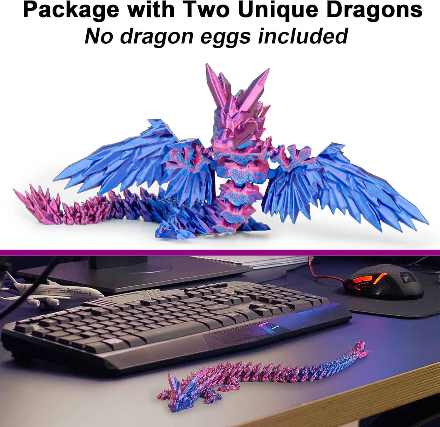 12“Crystal Dragon Without Wings & 9”Winged Articulated Dragon, 3D Printed Bulk Unique Funny Graduation Gifts for Kids, Executive Desk Fidget Toys Adults, Bath Pool water Toy (Gradient Deep Purple-Red)