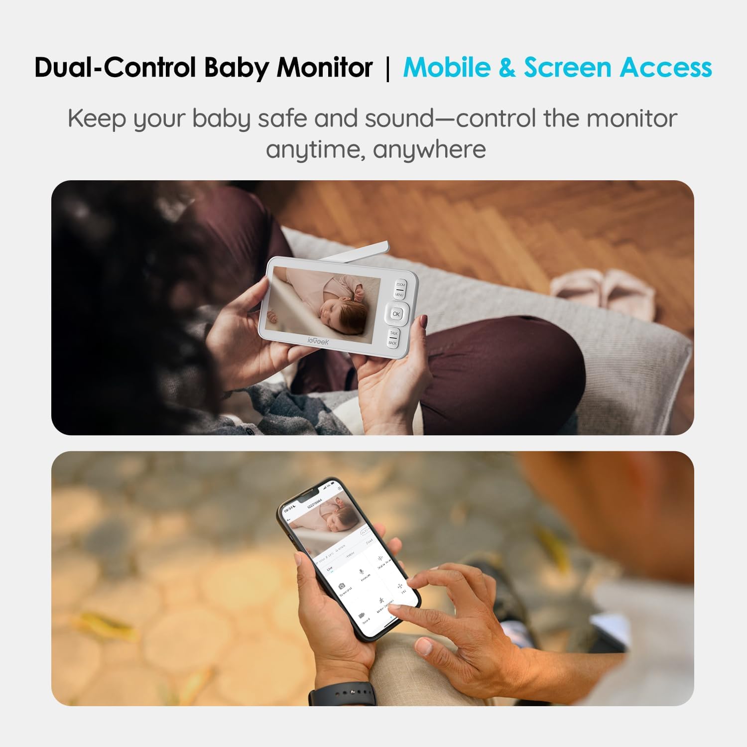 ieGeek Baby Monitor with Camera and Audio,5" Screen,HD Night Vision,2-Way Talk,Cry&Motion Detection,Temperature&Humidity Sensor,WiFi Baby Camera Monitor Supports Smartphone App(Upgrade)