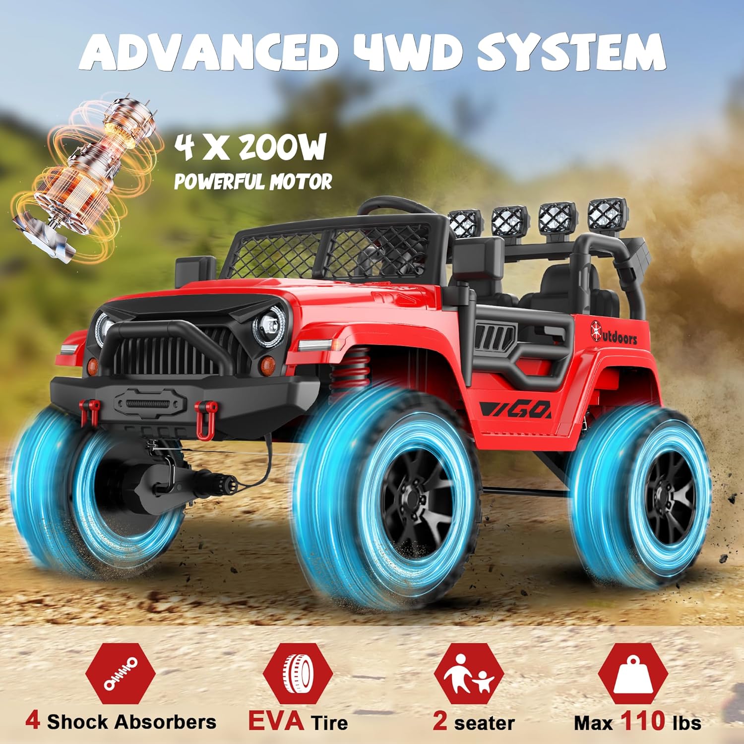 ANPABO 24V 2 Seater Ride On Car for Kids w/EVA Tires, 4X200W Motors, 4 Shock Absorbers, 2.4G Remote Control, Bluetooth Radio, LED Headlights & Searchlights, Electric Car for Kids Ages 3-8,Bright red