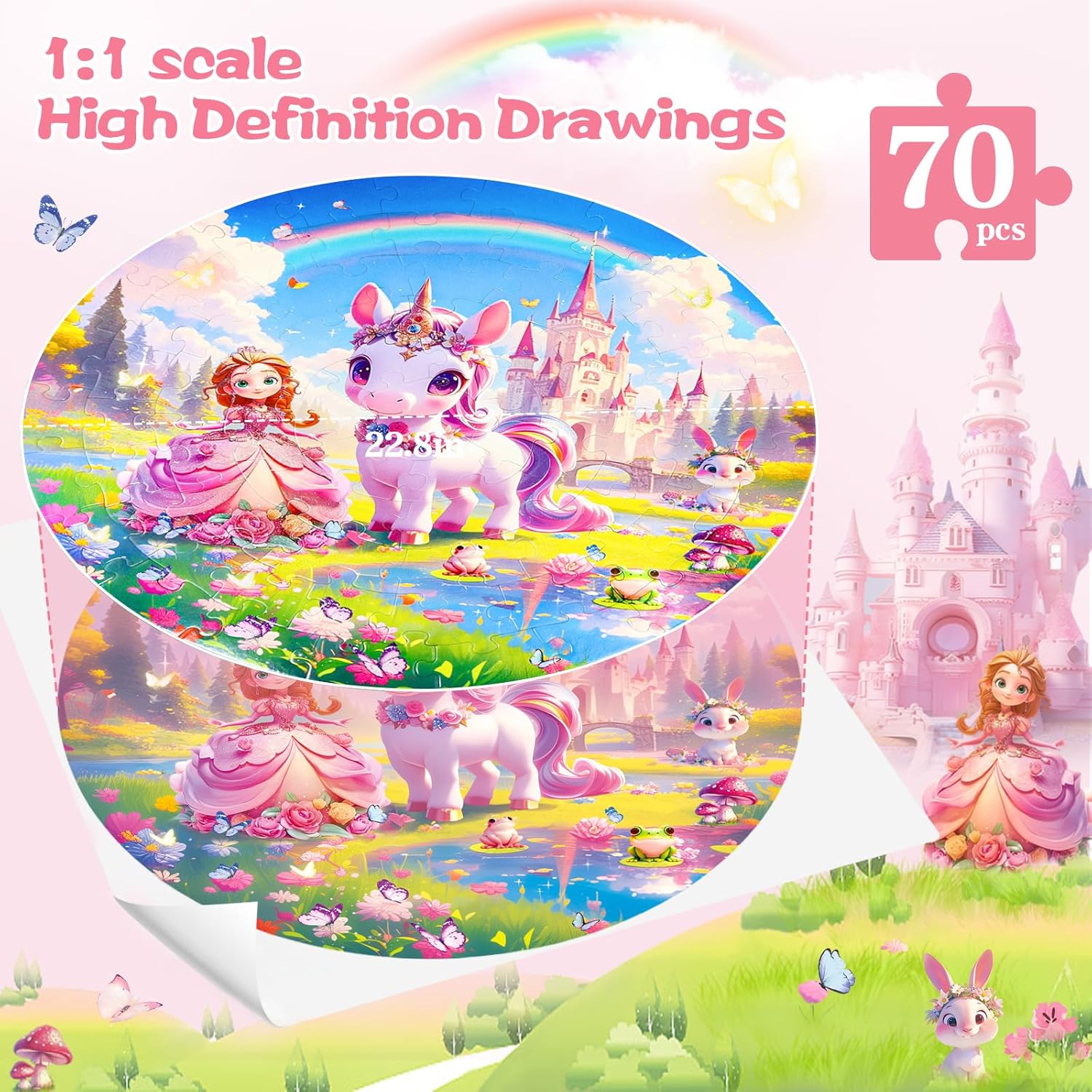 Floor Puzzles for Kids Ages 4-6, 70 Pieces Large Round Unicorn Princess Floor Puzzle Unicorn Jigsaw Puzzle Toy for 3 4 5 6 Toddler Girls - Educational Christmas, Birthday Gift