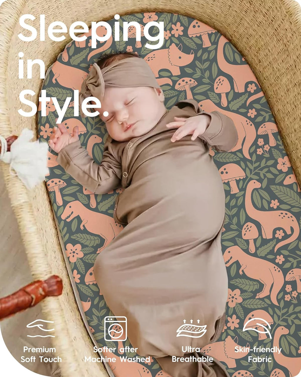 Bassinet Sheets for Baby Boy Girl, TotBasic Buttery Soft Universal Bassinet Fitted Sheet, Compatible with Halo, Mika Micky, Baby Delight, Dream On Me, Maxi COSI & More Bassinet Mattress(PinkDinosaurs)