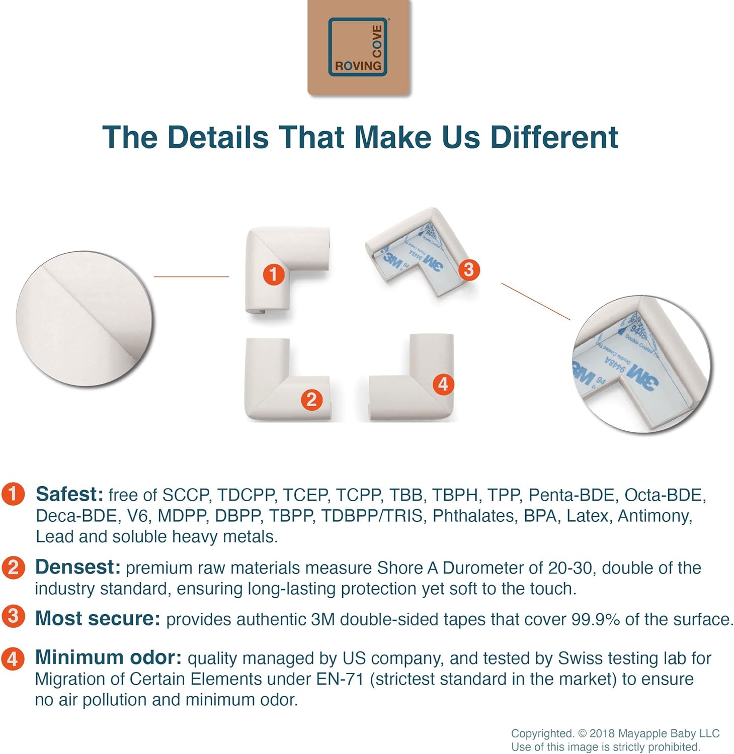 Roving Cove HeftyFit Corner Protector for Baby (4 Large Corners), Heavy-Duty Soft Rubber Foam Furniture Corner Bumper Guards, 3M Adhesive Pre-Taped, Oyster White (Off White)