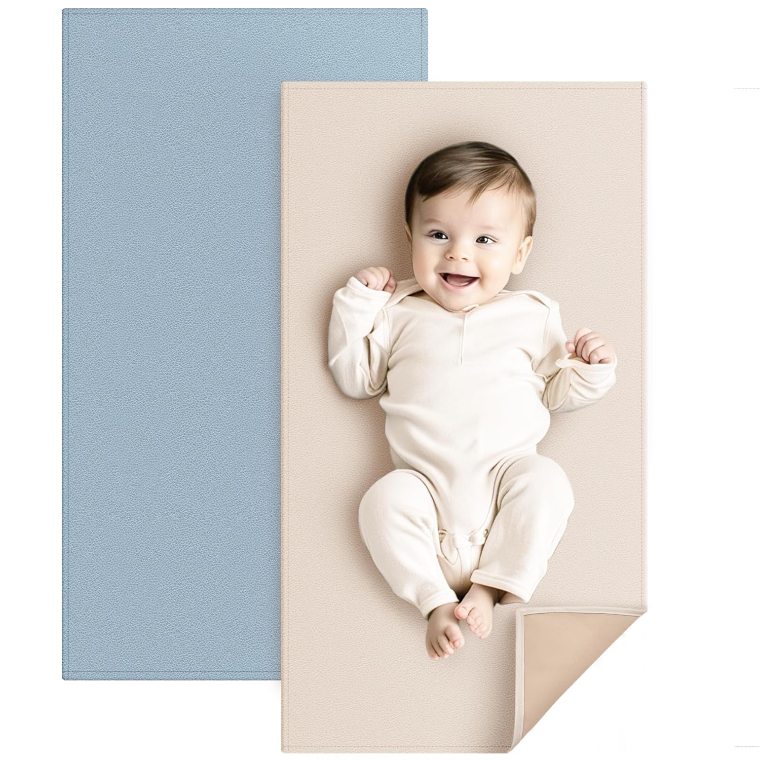 Konssy Faux Leather Baby Changing Mat, Waterproof, Wipeable & Portable Diaper Changing Pad for Travel or Home, Fits Perfectly in Diaper Bag, 30 x 17 inches (Blue,Beige)