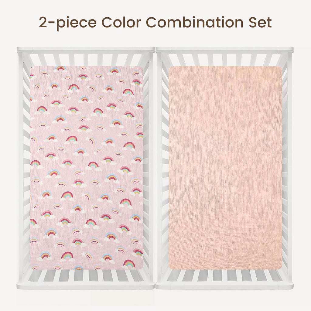 david's kids Muslin Crib Sheets for Boys Girls, 2 Pack 100% Cotton Soft Breathable Fitted Baby Sheet Set, 28x52 Inch Fits Standard Crib and Toddler Mattresses, Rainbow