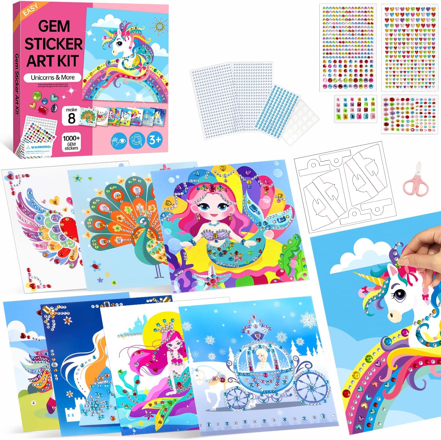 Marlrin Gem Sticker Kit for Kids, 8 Unicorn Princess Themes, Crafts Kits for Girls Ages 4-8, Arts & Crafts Toys, Diamond Art Kits for Kids - Birthday and Christmas Gift for Girls Ages 3, 4, 5, 6, 7, 8