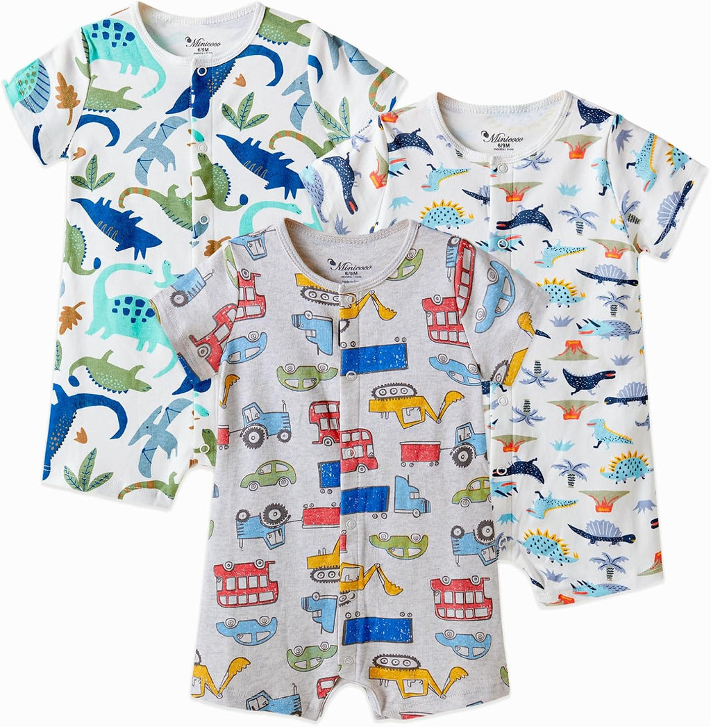 3-Pack 100% Cotton Baby Boy Rompers,0-24Months Short Sleeve Toddler Romper,Breathable Spring/Summer Clothes