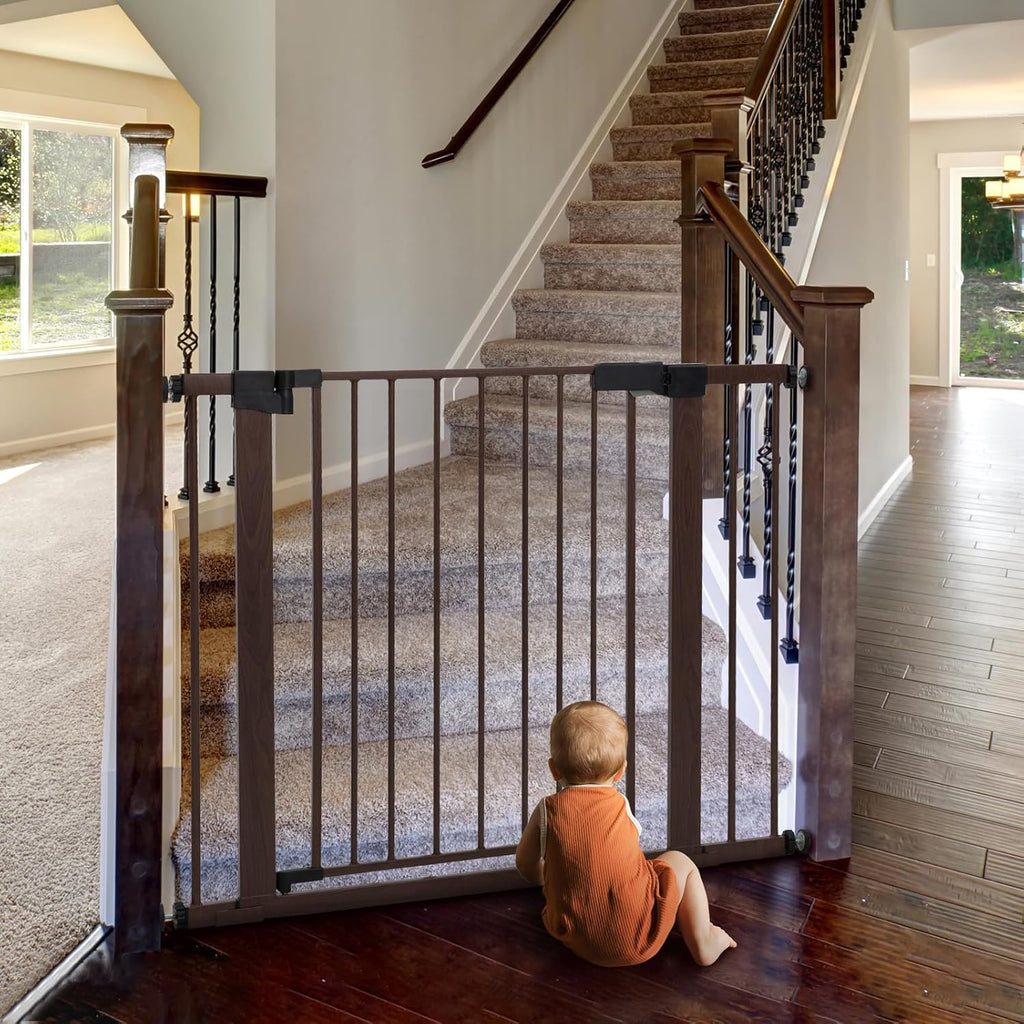 BABELIO 29-40" Metal Baby Gate with Black Wood Pattern, Auto Close Dog Door for The House、Stairs and Doorways, Pressure Mounted Pet Barrier, with Wall Protectors and Extenders