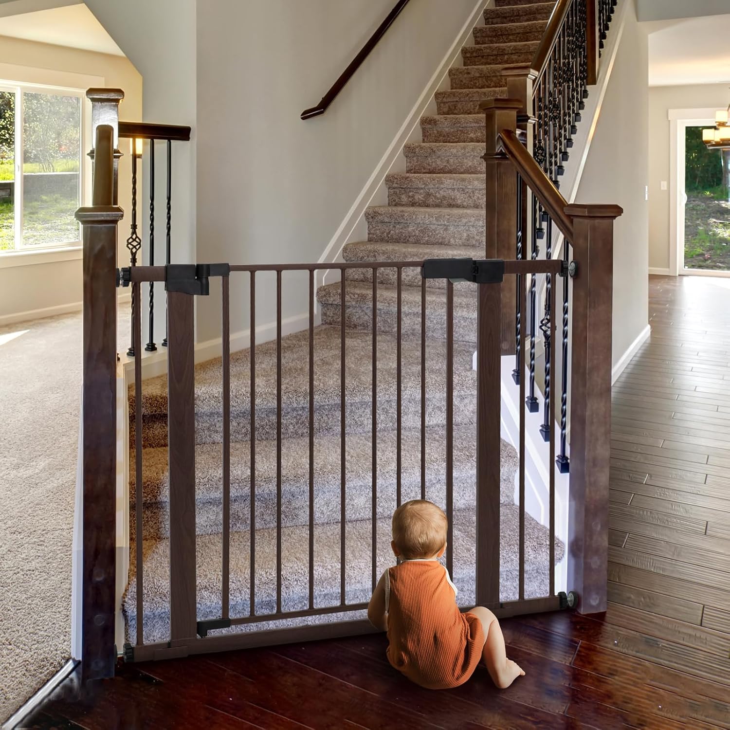 BABELIO 29-40" Metal Baby Gate with Black Wood Pattern, Auto Close Dog Door for The House、Stairs and Doorways, Pressure Mounted Pet Barrier, with Wall Protectors and Extenders