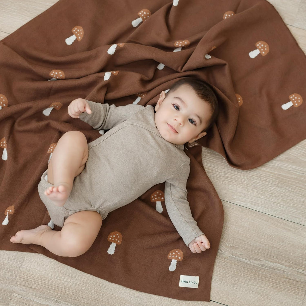 Knit Baby Blanket for Girls and Boys 100% Cotton Buttery Soft Cozy Receiving Swaddle Crib Stroller Blanket for Shower Gift Registry for Newborns, Infants, Toddlers (Mushroom - Mocha)