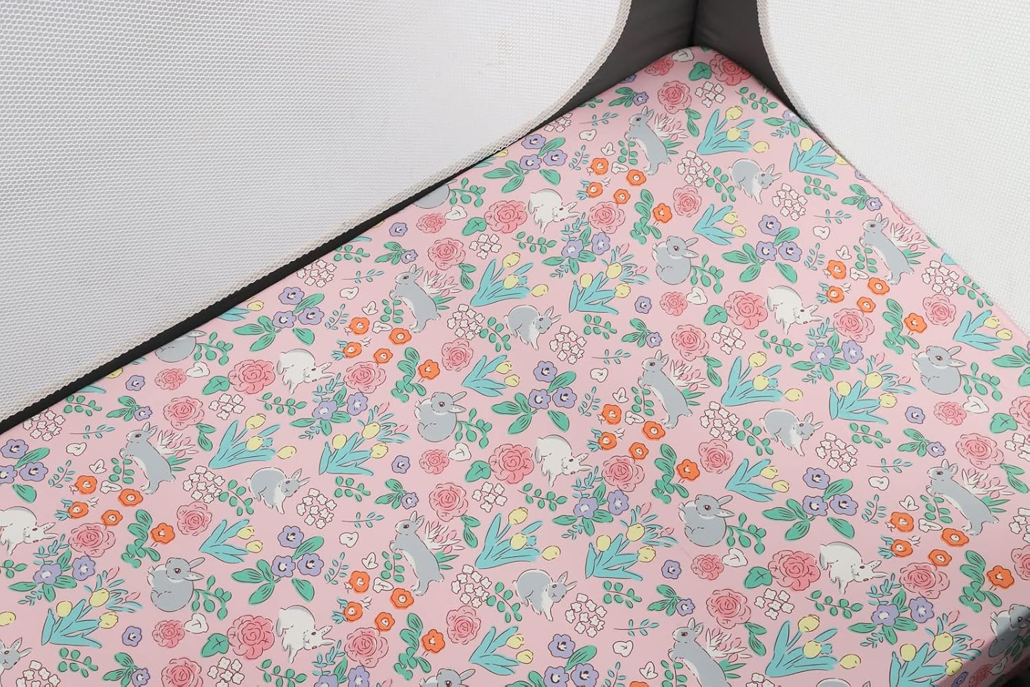 Pack n Play Sheet Stretchy Fitted Portable Mini Crib Sheets Set 3 Pack,Playard Sheets Convertible Playard Mattress Cover,Ultra Soft Jersey Material,Floral,Grey Rabbit & Pink