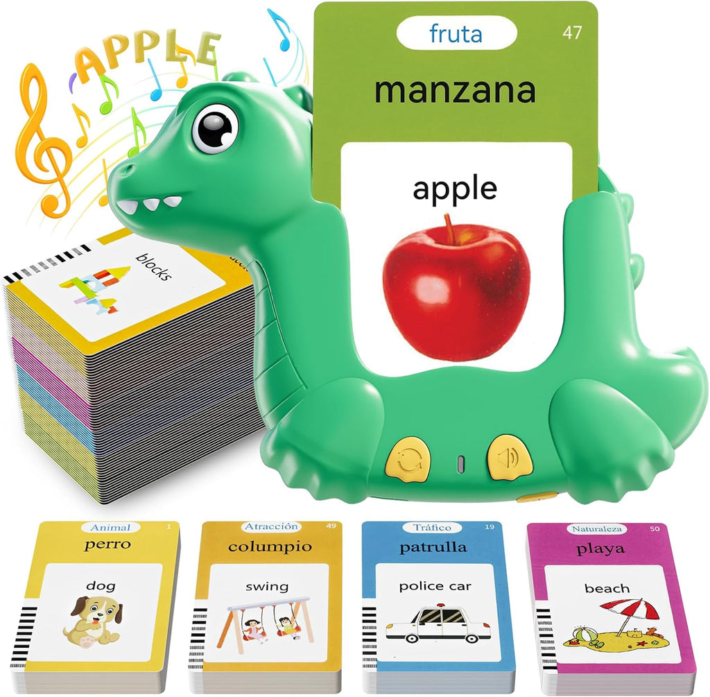Spanish and English Talking Flash Cards for Toddlers with 510 Sight Words, Dinosaur Shaped Bilingual Pocket Speech Therapy and Autism Toys, Educational Learning Toys Gift for Kid Boys Girls